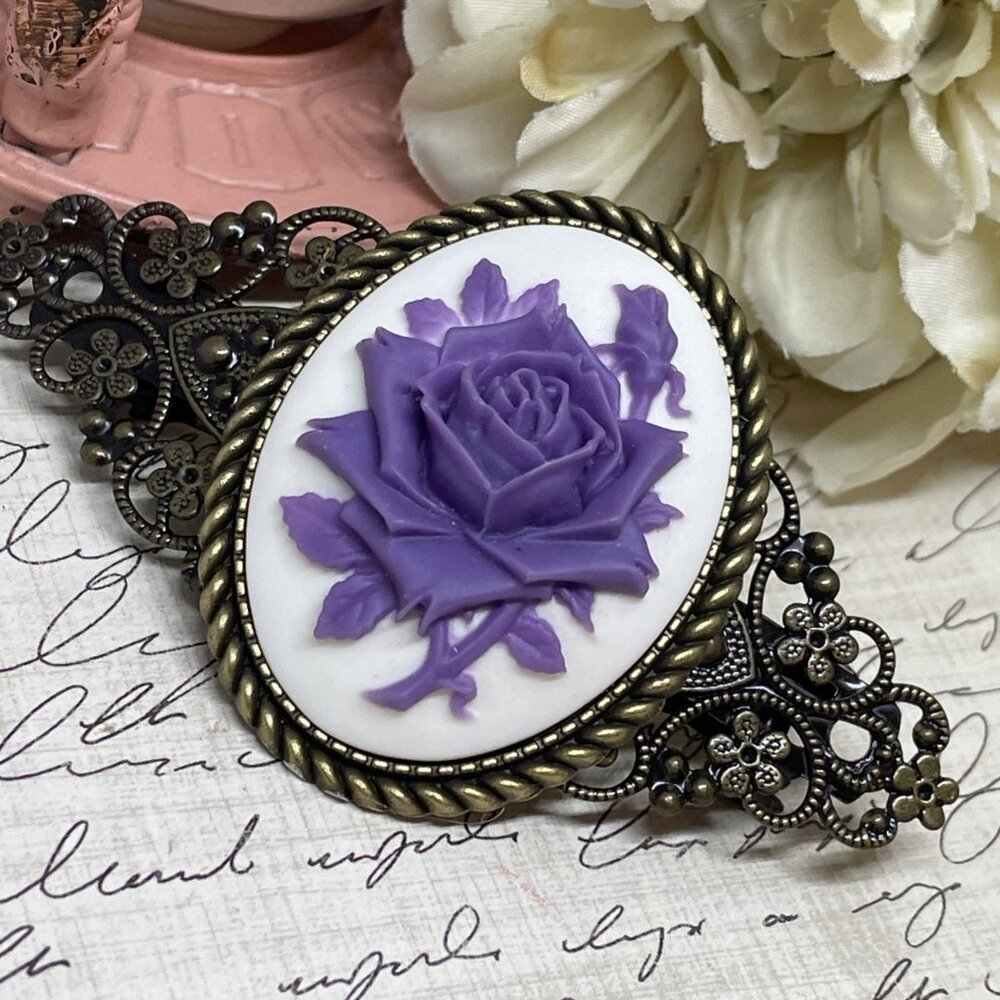 Purple White Rose Cameo Flower Anniversary Wedding Pin Hair Clip Jewelry Comb